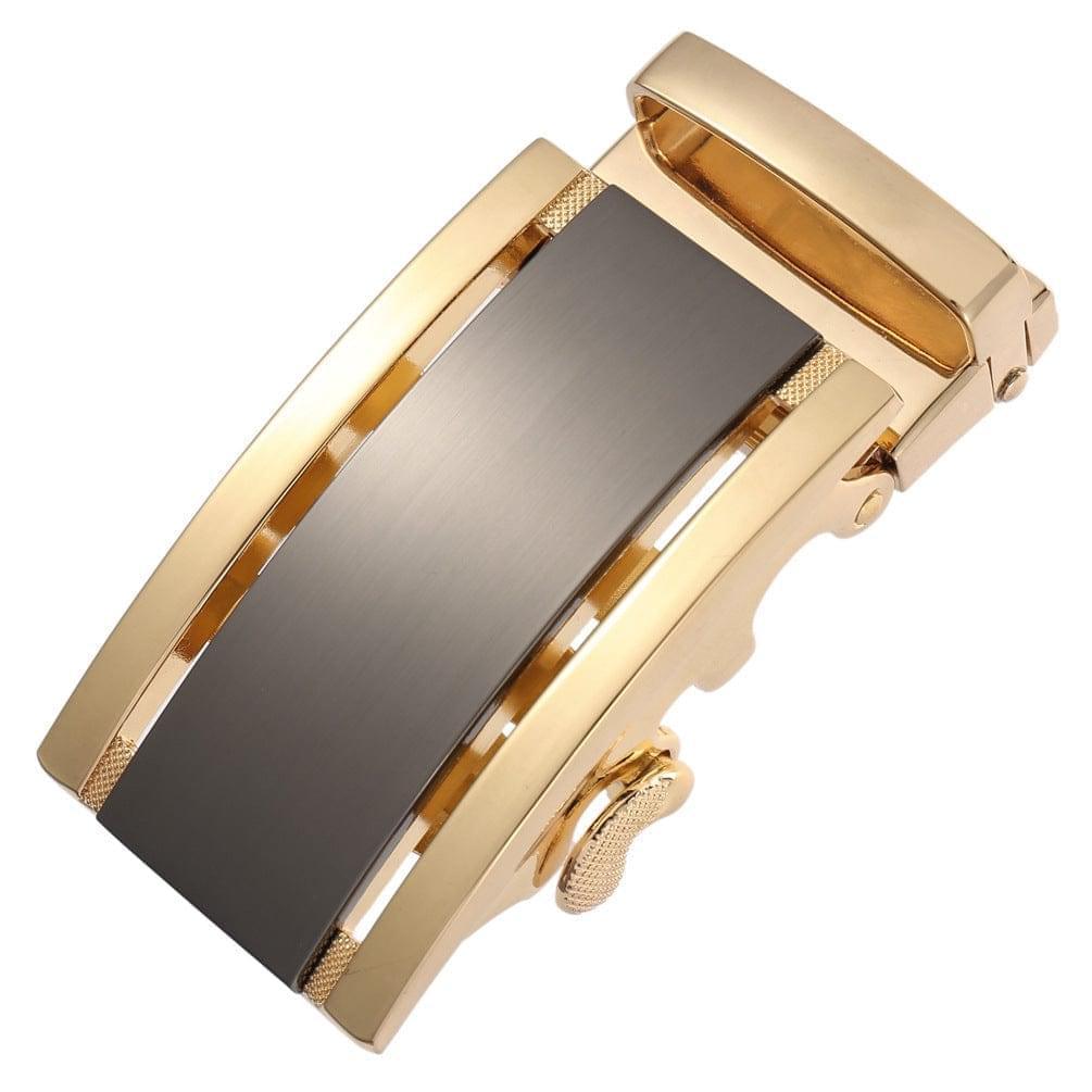 Black and gold ratchet belt buckle 1.38 inch elegant front view | Hedonist Chicago