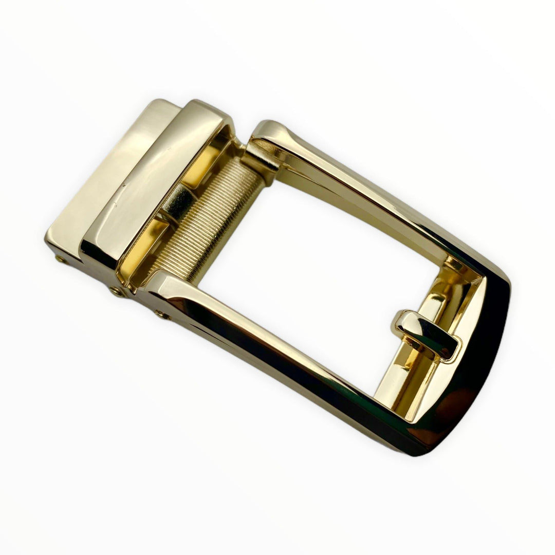 Yellow gold ratchet belt buckle 1.15 inch polished front view | Hedonist Chicago