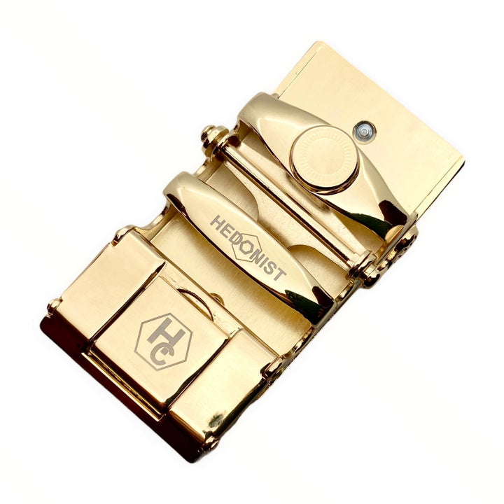 Plate black and gold ratchet buckle 1.38 inch back locking detail | Hedonist Chicago