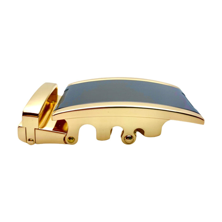 Plate black and gold ratchet buckle 1.38 inch angled profile photo | Hedonist Chicago