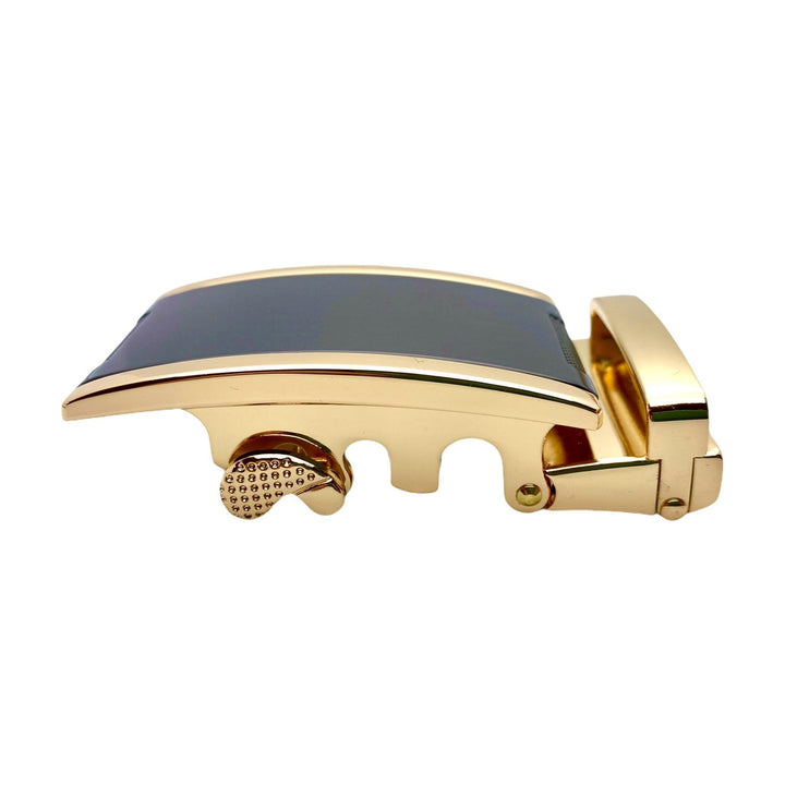 Plate black and gold ratchet buckle 1.38 inch top detail closeup | Hedonist Chicago