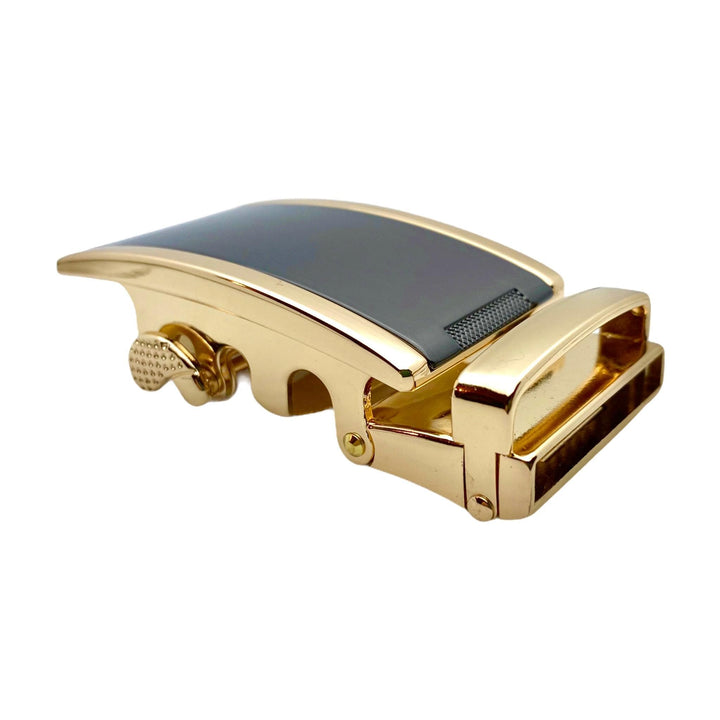 Plate black and gold ratchet buckle 1.38 inch side profile view | Hedonist Chicago