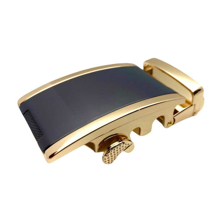 Plate black and gold ratchet buckle 1.38 inch texture closeup view | Hedonist Chicago