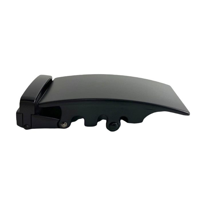 Curved black ratchet buckle 1.38 inch angled profile photo | Hedonist Chicago