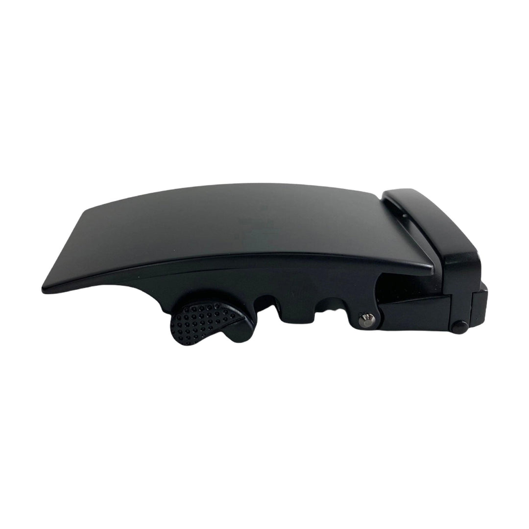Curved black ratchet buckle 1.38 inch top detail closeup | Hedonist Chicago