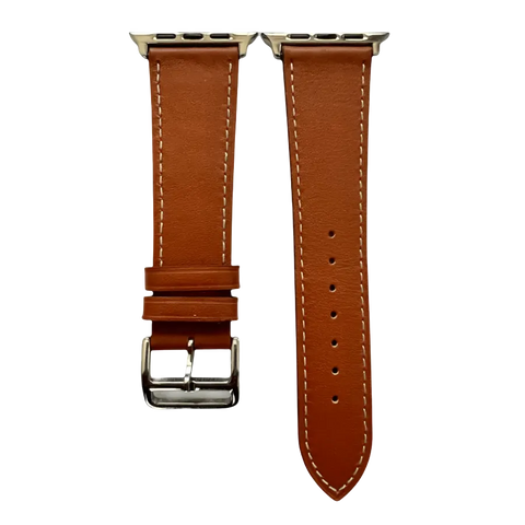 Brown leather Apple Watch band, two-piece strap with buckle and holes