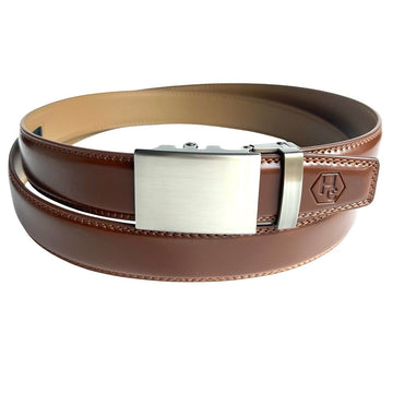 Brown Leather Belt With Ratchet Metal Buckle 1.38"