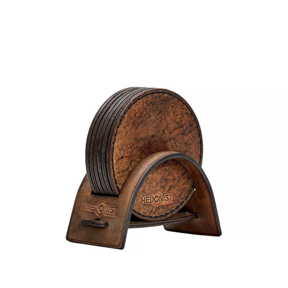 Hedonist Chicago leather coaster set in Tan Pull-up finish, clean edge, full grain leather, product view