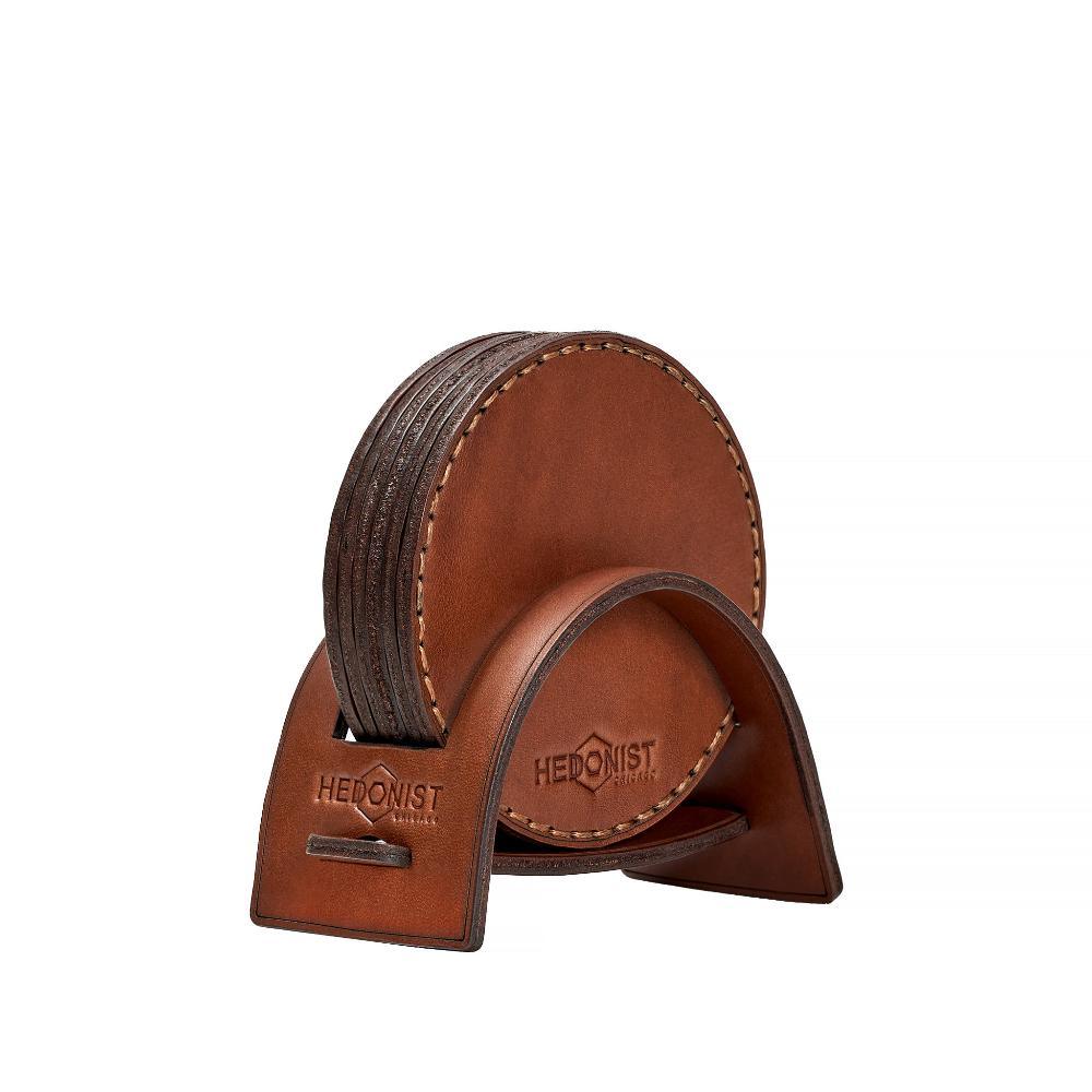 Hedonist Chicago leather coaster set in Whisky, clean edge, full grain leather, product view