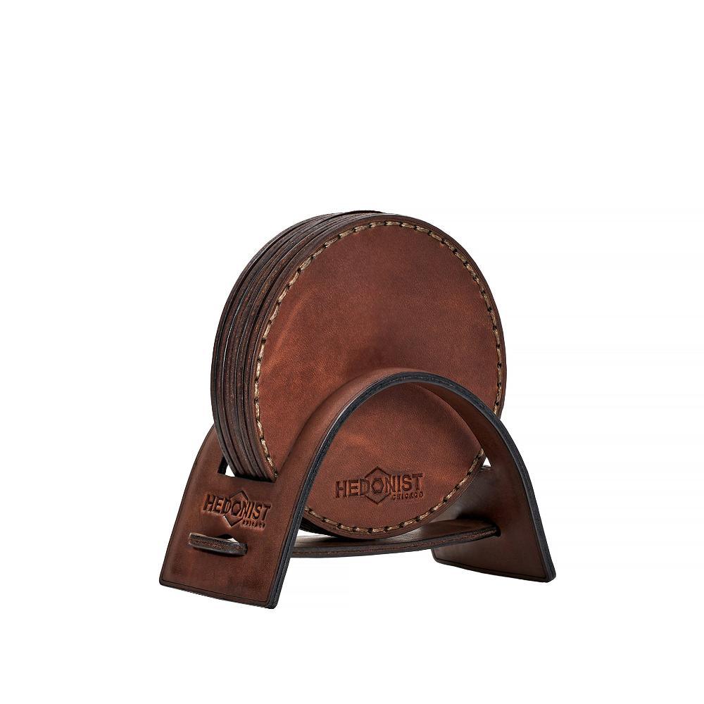 Hedonist Chicago leather coaster set in Whisky Pull-up finish, clean edge, full grain leather, product view