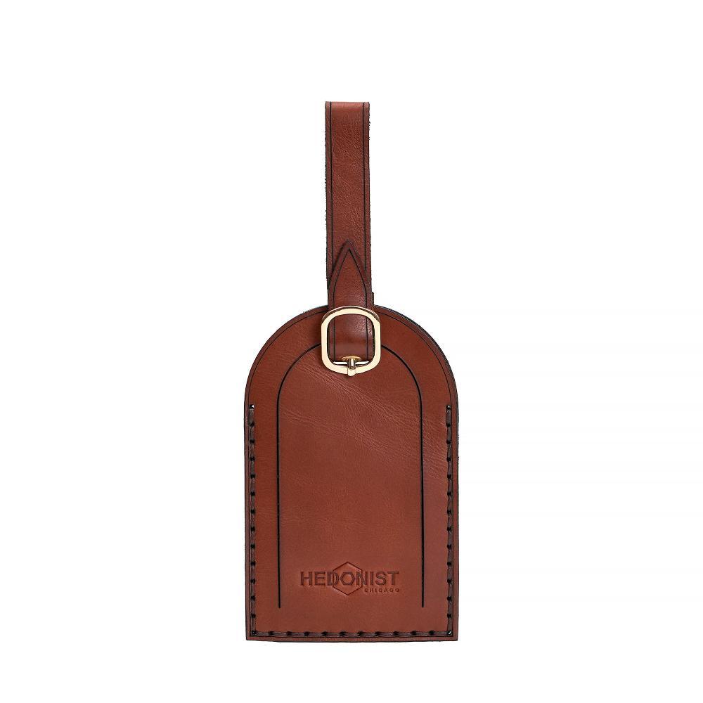 Hedonist Chicago light mahogany luggage tag in light mahogany, with strap, full grain leather, product view