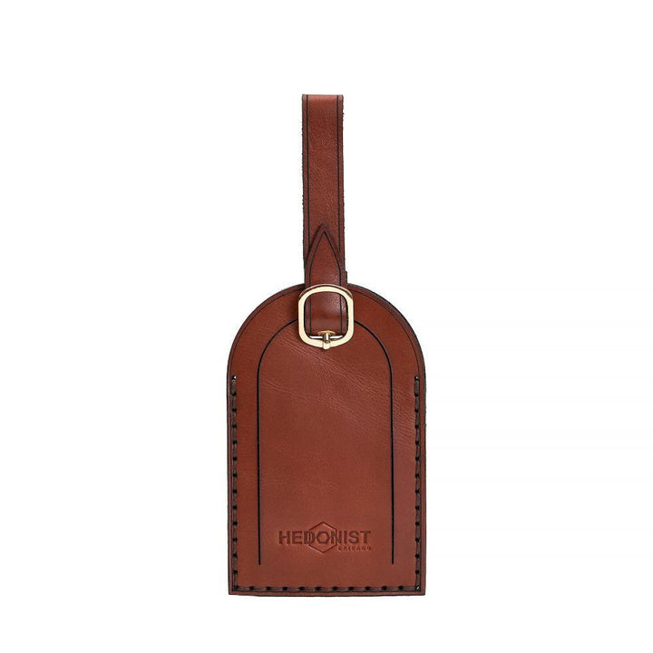 Hedonist Chicago light mahogany luggage tag in light mahogany, with strap, full grain leather, product view