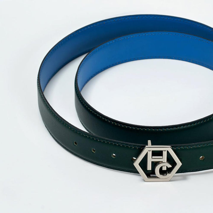 Edge stitching detail on women's reversible design leather belt - deep sea green - Hedonist Chicago