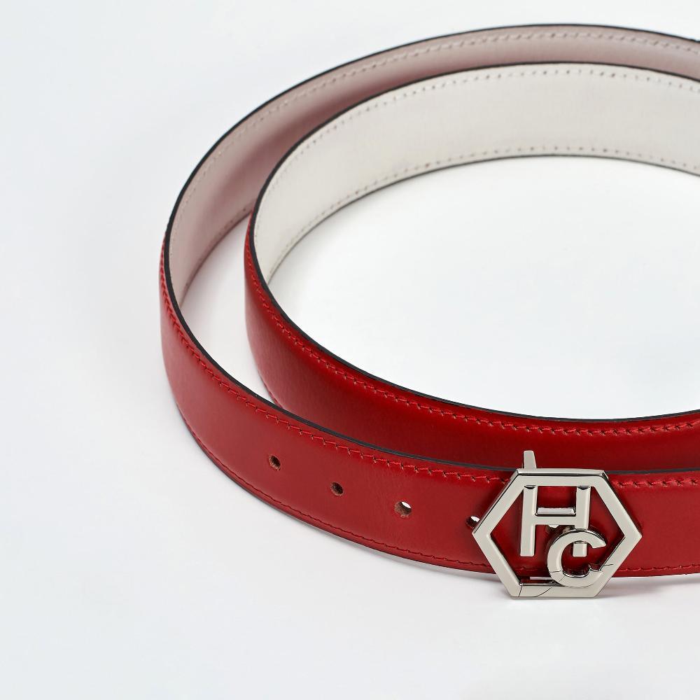 Edge stitching detail on women's reversible design leather belt - red - Hedonist Chicago