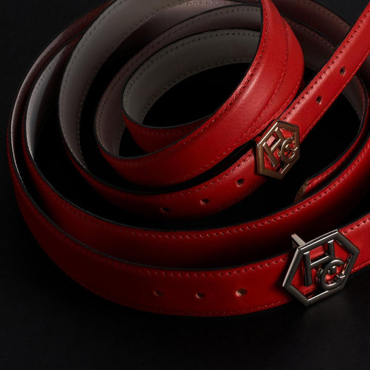 Side view on women's reversible design leather belt - red - Hedonist Chicago - close-up view
