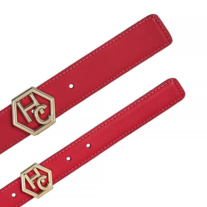 Buckle close-up on women's signature detail belt - red - Hedonist Chicago - close-up view