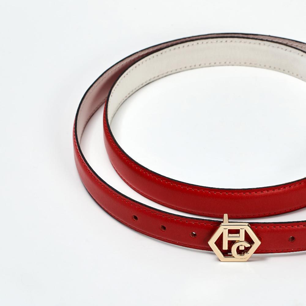 Edge stitching detail on women's signature detail belt - red - Hedonist Chicago - close-up view