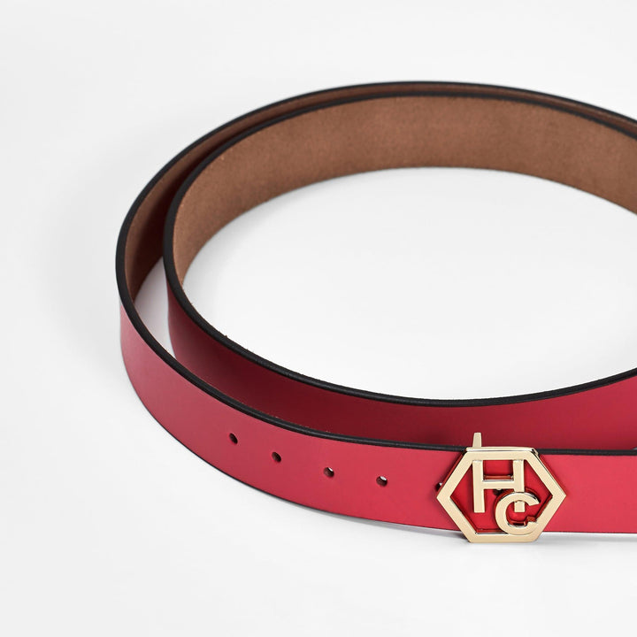 Buckle close-up on women's seamless edge leather belt - pink - Hedonist Chicago - close-up view