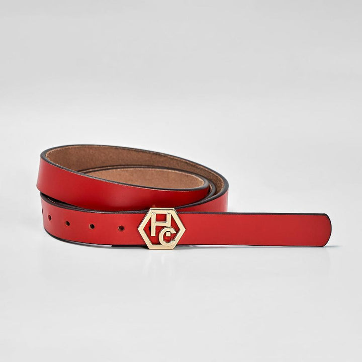 Edge stitching detail on women's seamless edge leather belt - red - Hedonist Chicago