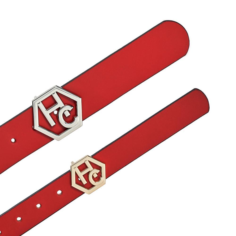 Flat lay detail on women's seamless edge leather belt - red - Hedonist Chicago - close-up view
