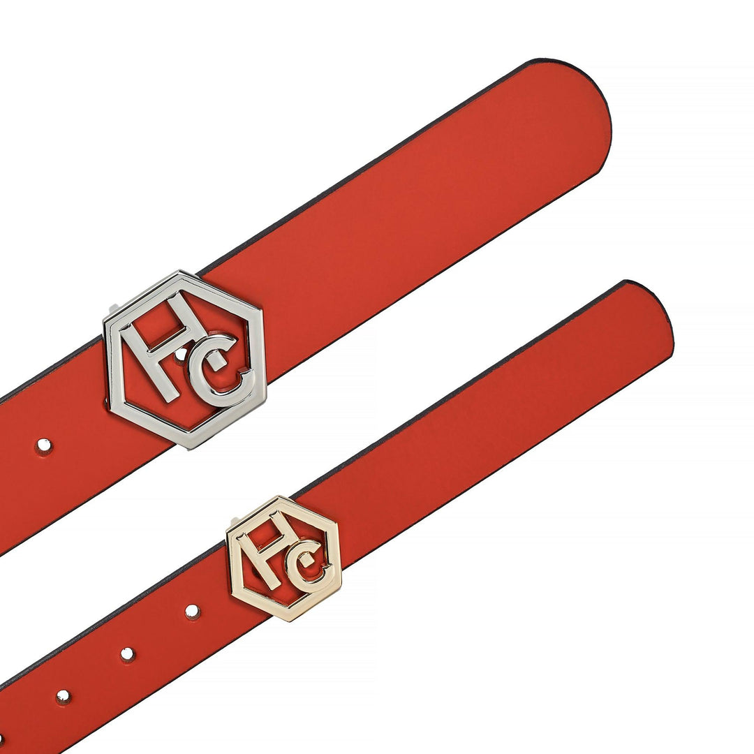 Edge stitching detail on women's seamless edge leather belt - red - Hedonist Chicago