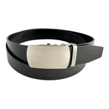 Black Leather Ratchet Belt Oval Metal Buckle