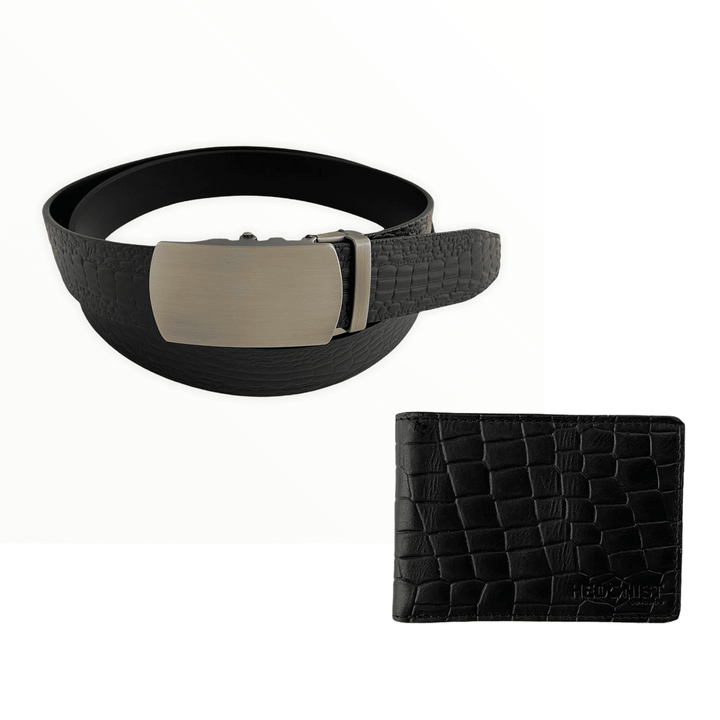 Ultra Slim Bifold Wallet + Genuine Leather Belt Black Croc Embossed