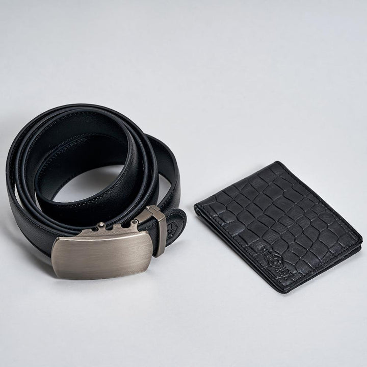 Ultra Slim Bifold Wallet + Genuine Leather Belt Black Croc Embossed