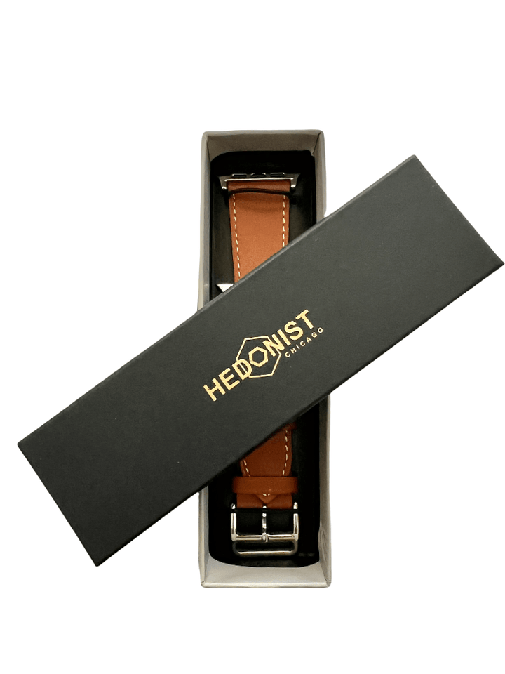Brown Apple Watch band presented in Hedonist Chicago gift box