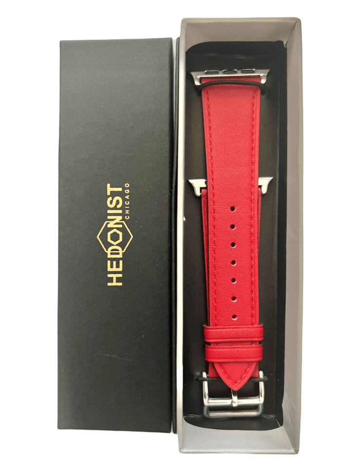 Red Apple Watch band presented in Hedonist Chicago gift box