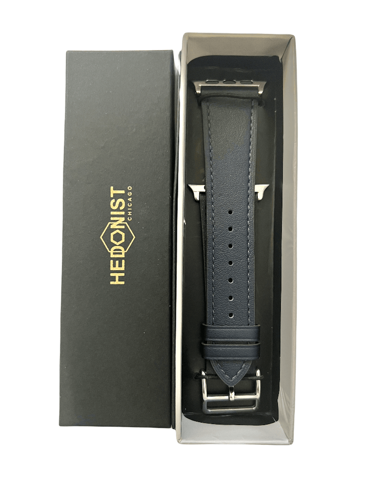 Black Apple Watch band packaged in Hedonist Chicago gift box