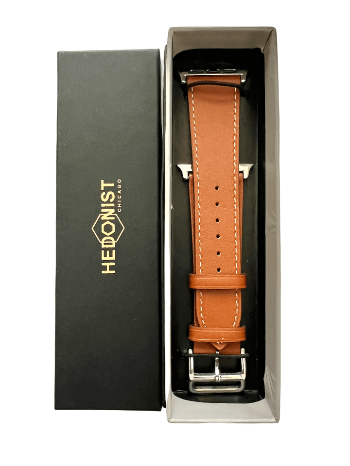 Brown Apple Watch band packaged in Hedonist Chicago gift box