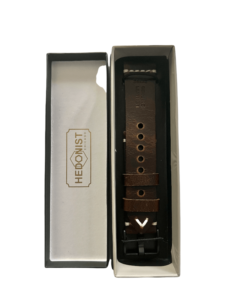 Burgundy Apple Watch band packaged in Hedonist Chicago gift box