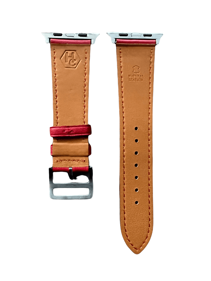 Side view of Red leather Apple Watch band with stainless steel lugs | Hedonist Chicago