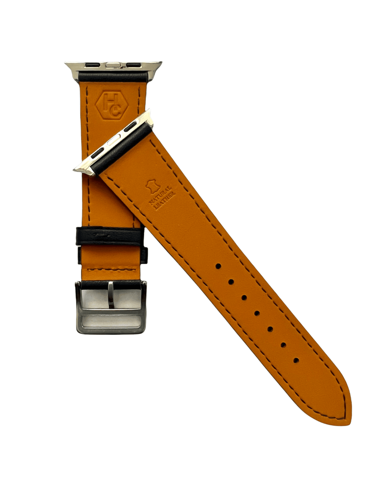 Black leather Apple Watch strap showing connector and stitching | Hedonist Chicago