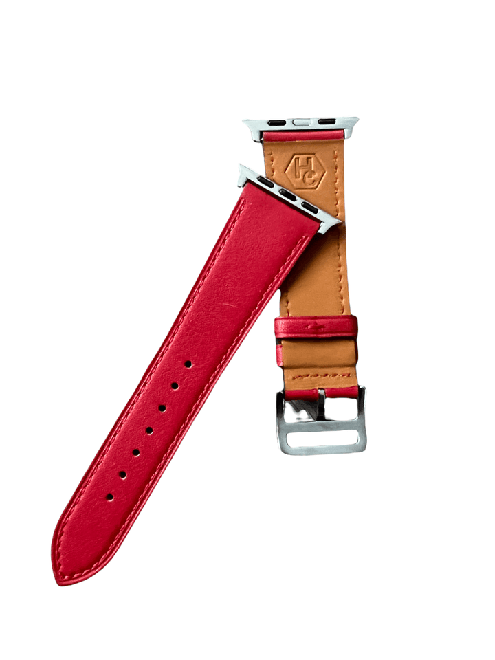 Red leather Apple Watch band  detail view of texture and buckle | Hedonist Chicago