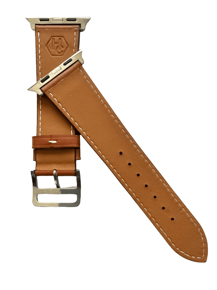 Brown leather Apple Watch band  detail view of texture and buckle | Hedonist Chicago