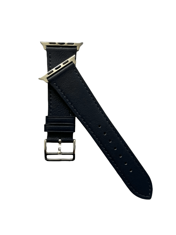 Black leather Apple Watch band  detail view of texture and buckle | Hedonist Chicago