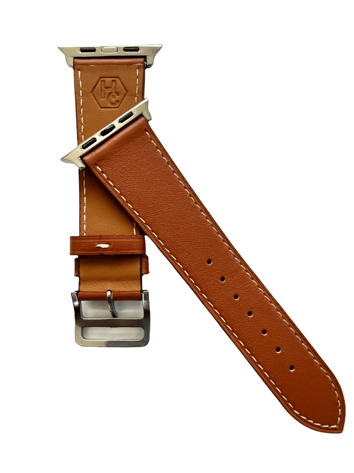 Side view of Brown leather Apple Watch band with stainless steel lugs | Hedonist Chicago