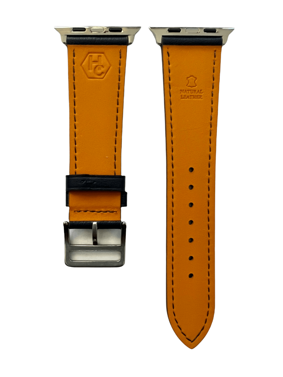 Side view of Black leather Apple Watch band with stainless steel lugs | Hedonist Chicago