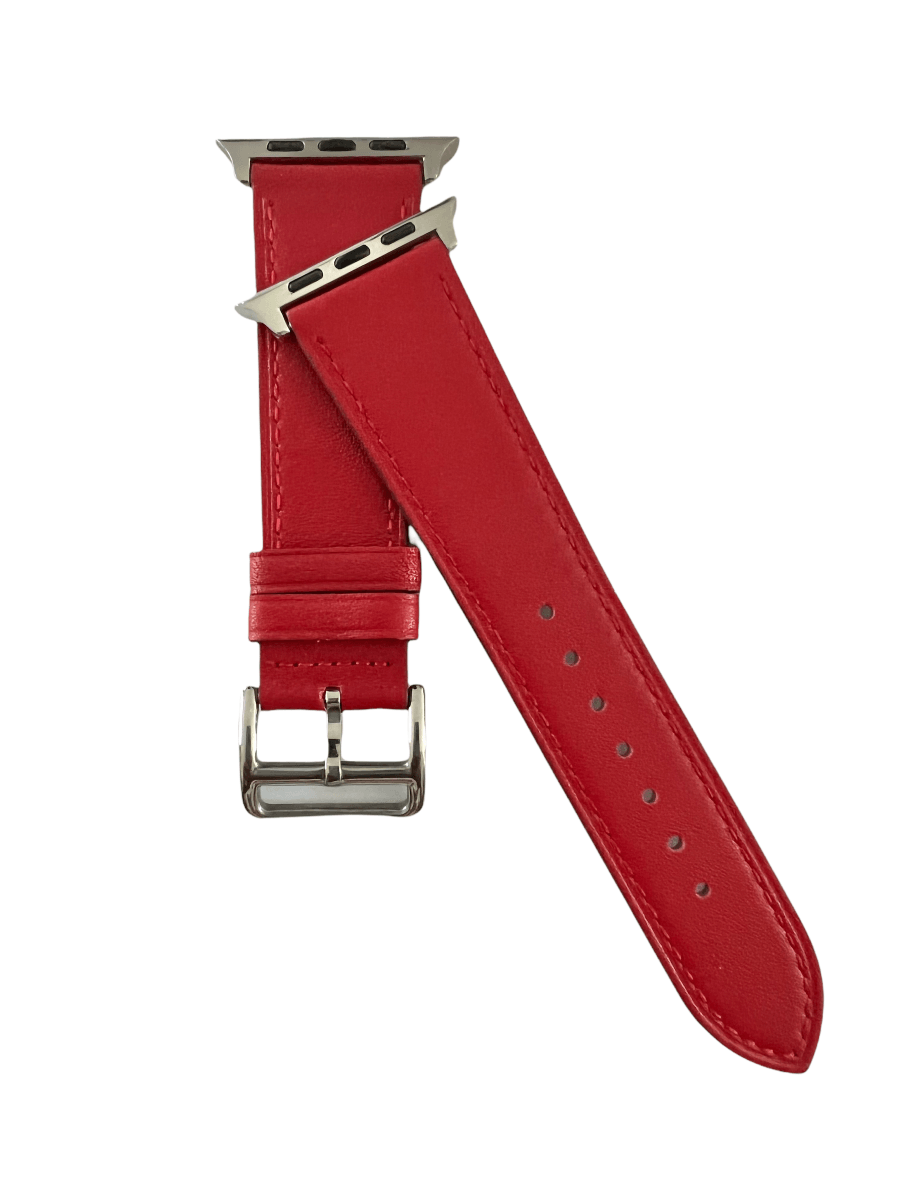 Red leather Apple Watch strap showing connector and stitching | Hedonist Chicago