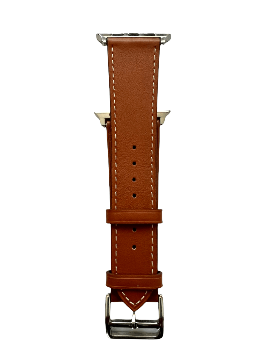 Brown leather Apple Watch strap showing connector and stitching | Hedonist Chicago