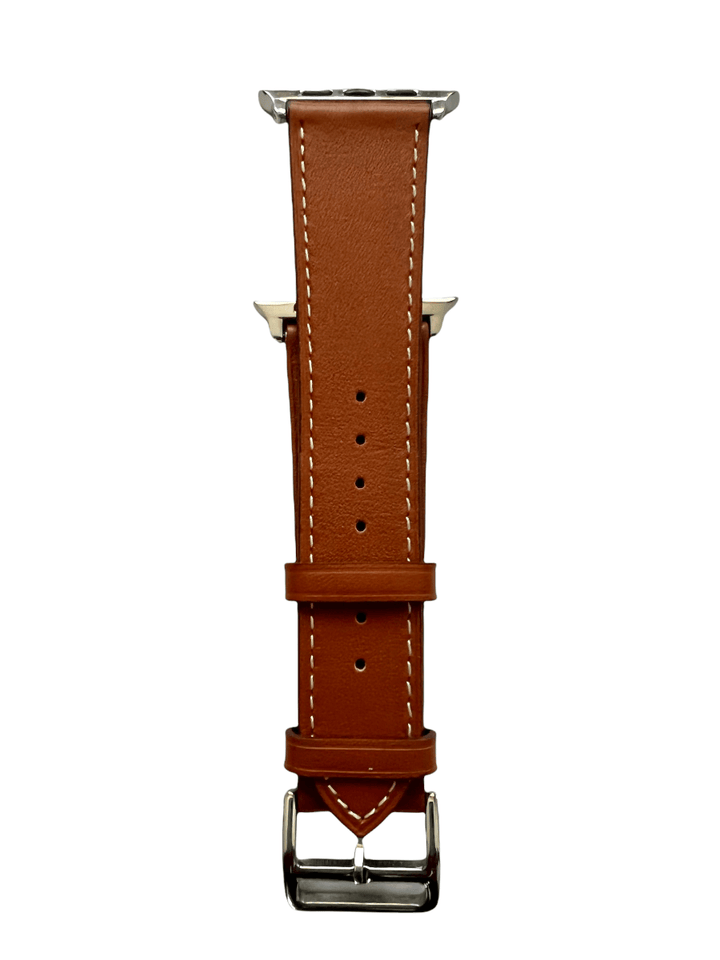 Brown leather Apple Watch strap showing connector and stitching | Hedonist Chicago