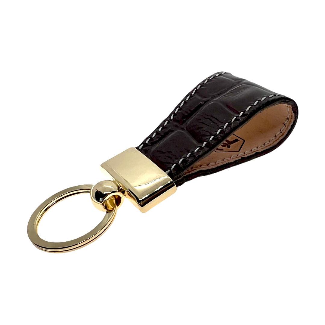 Hedonist Chicago brown key chain in brown, slim profile, full grain leather, product view