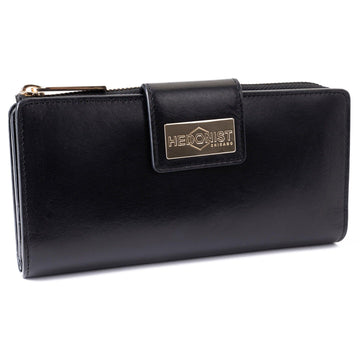 Black Leather Zipper Wallet with ID Window for Women