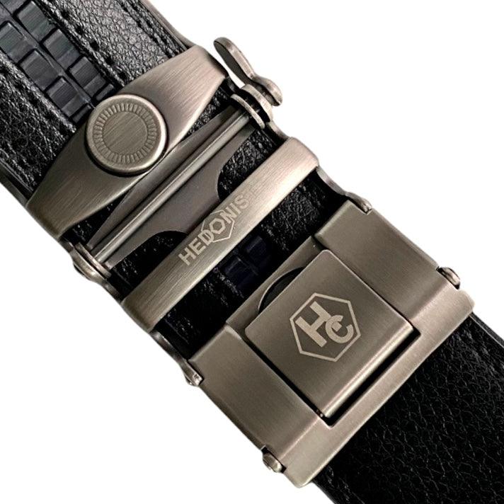 Black Leather men's ratchet belt 1.38" with Metal Buckle, buckle close-up, by Hedonist Chicago