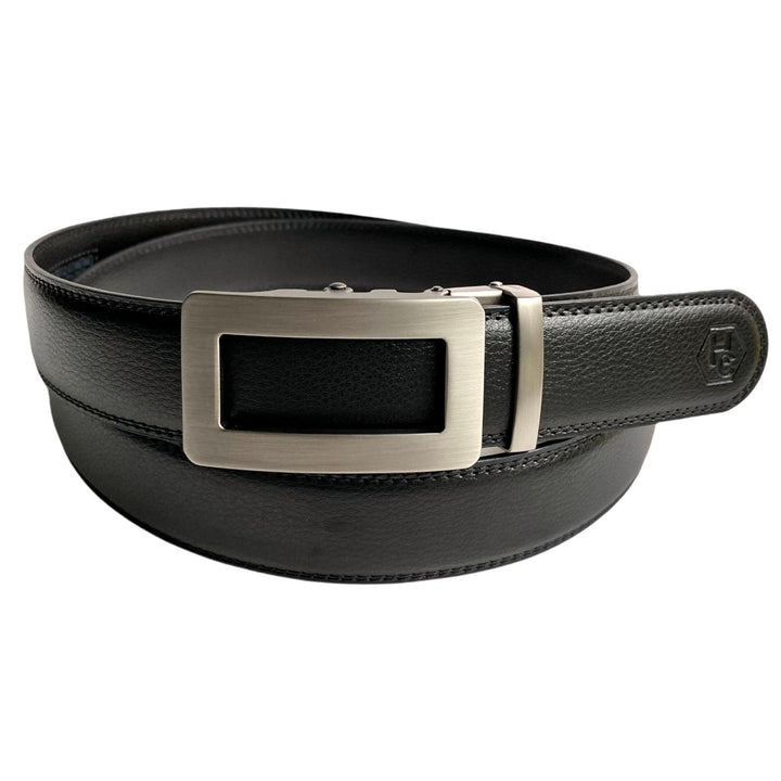 Black Leather men's ratchet belt 1.38" with Metal Buckle, front view, by Hedonist Chicago