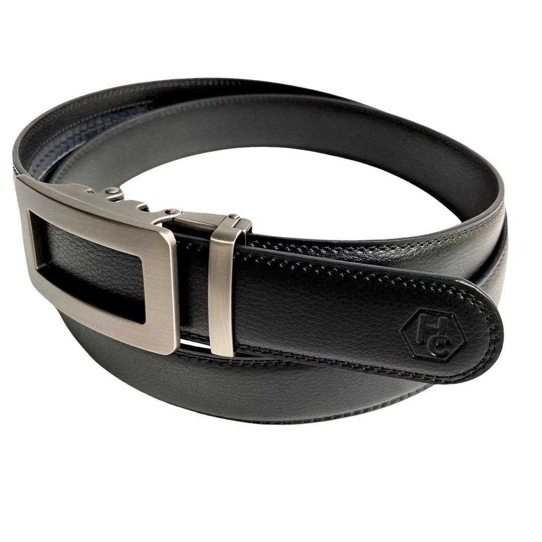 Black Leather men's ratchet belt 1.38" with Metal Buckle, strap texture detail, by Hedonist Chicago