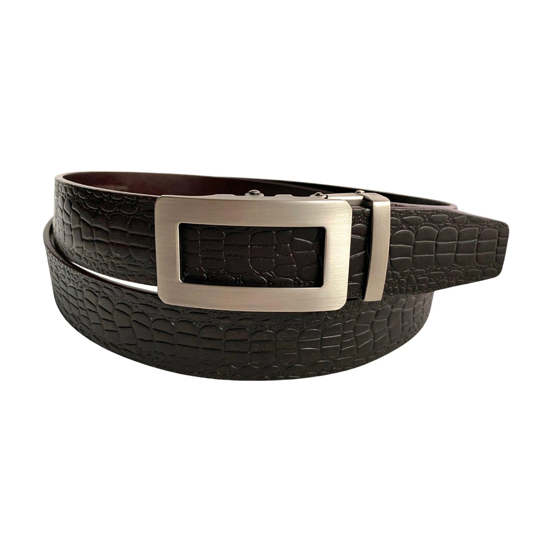 Dark Brown Textured Leather men's ratchet belt 1.38" with Metal Buckle, front view, by Hedonist Chicago