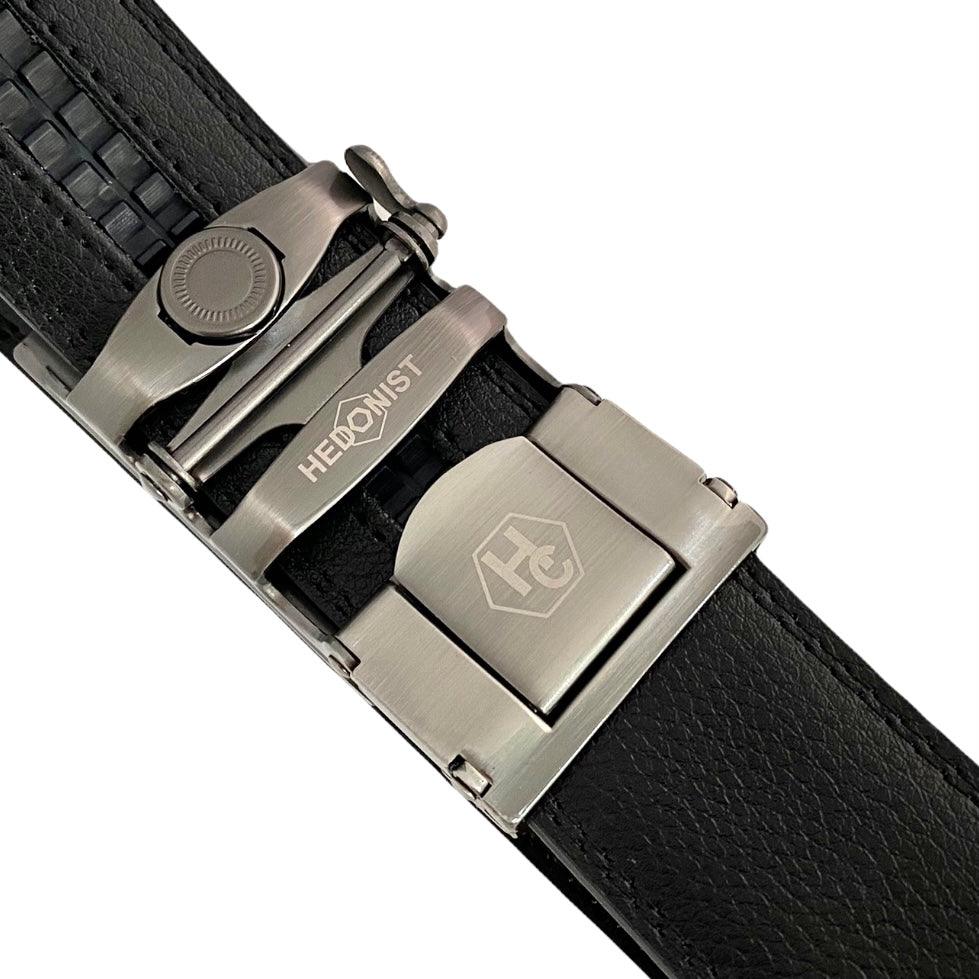 Black Automatic belt buckle 1.38" , hardware close-up, for ratchet leather belts by Hedonist Chicago